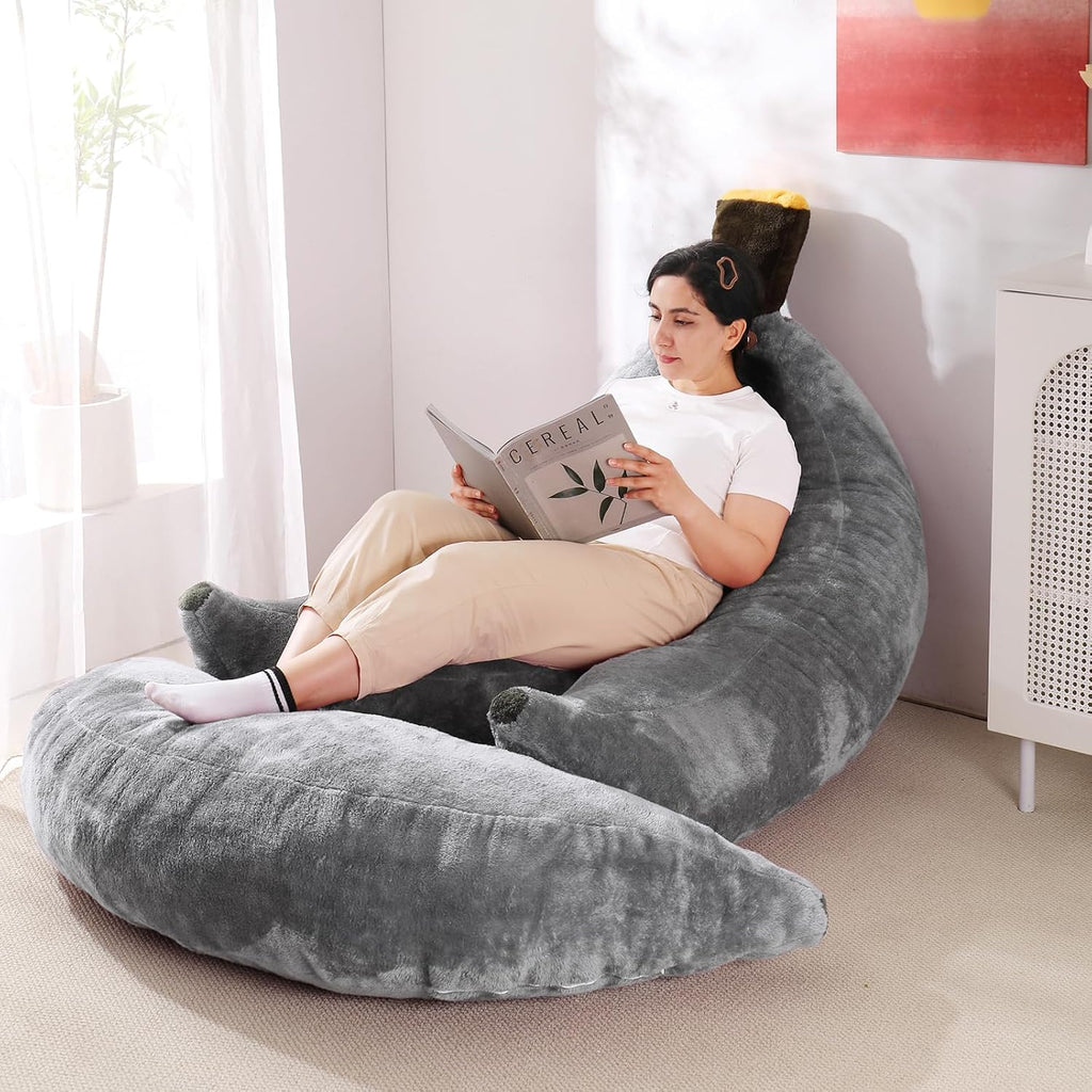 Banana Bean Bag Chair with Ottoman, Floor Sofa Bed with Footrest, Comfy Convertible Lounger for Adults, Plush Couch for Bedroom, Living Room or Dorm, L-Grey