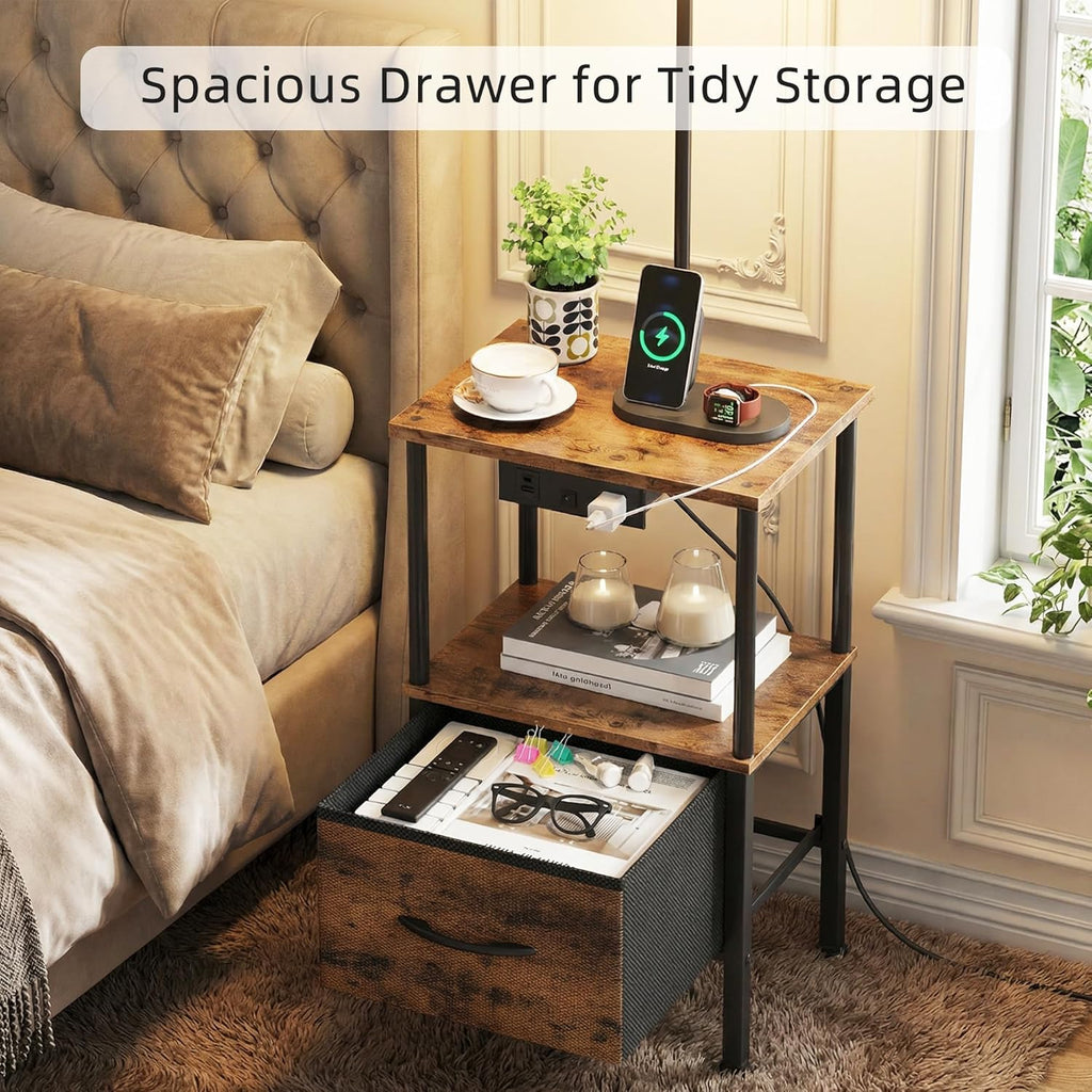 HIGDBFE End Table with Light Set of 2, Side Table with Charging Station & USB Ports, Nightstand with Fabric Drawer, Coffee Table with 3 Color Temperatures Light for Living Room, Rustic Brown, 14.9" W