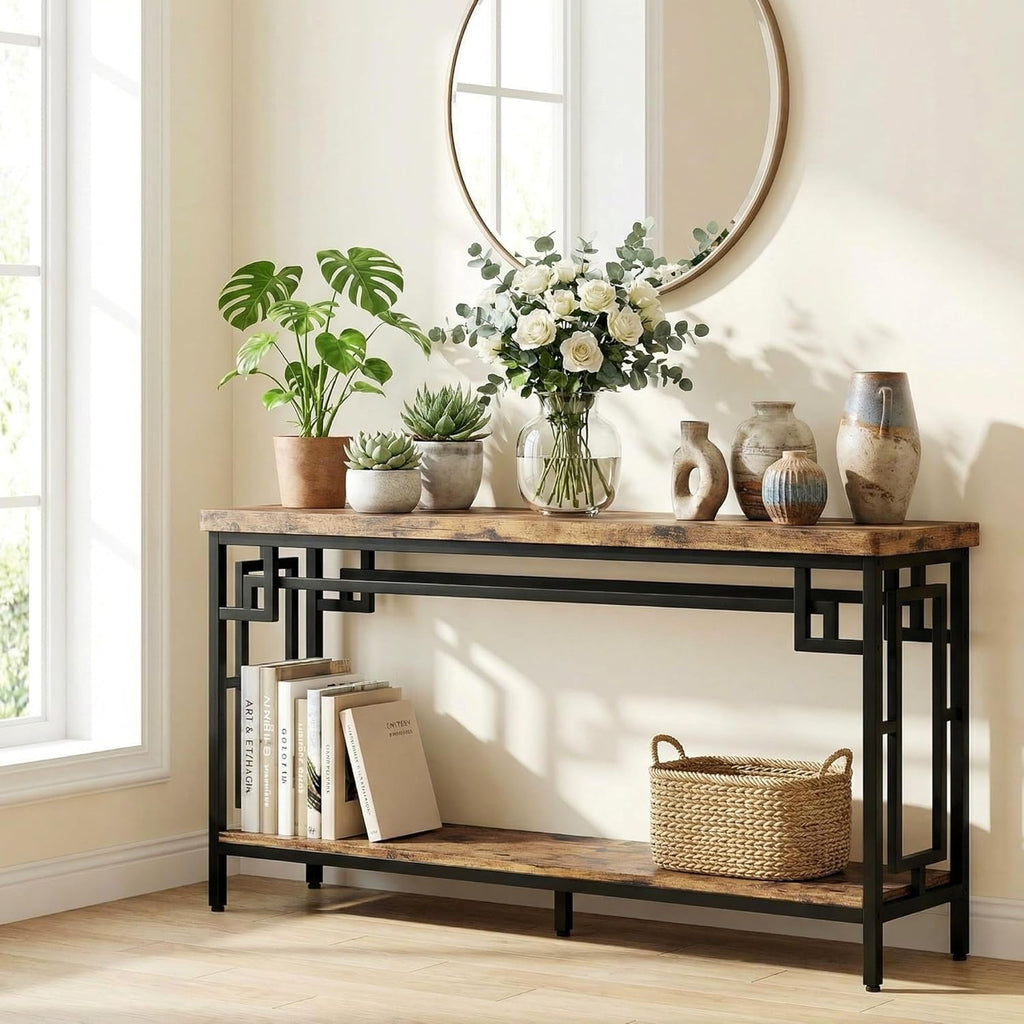 IRONCK 70.9" Long Console Table, 2-Tier Long Narrow Console Table Behind Couch for Display with Central Support Frame, Industrial Long Entryway Table for Entryway and Living Room
