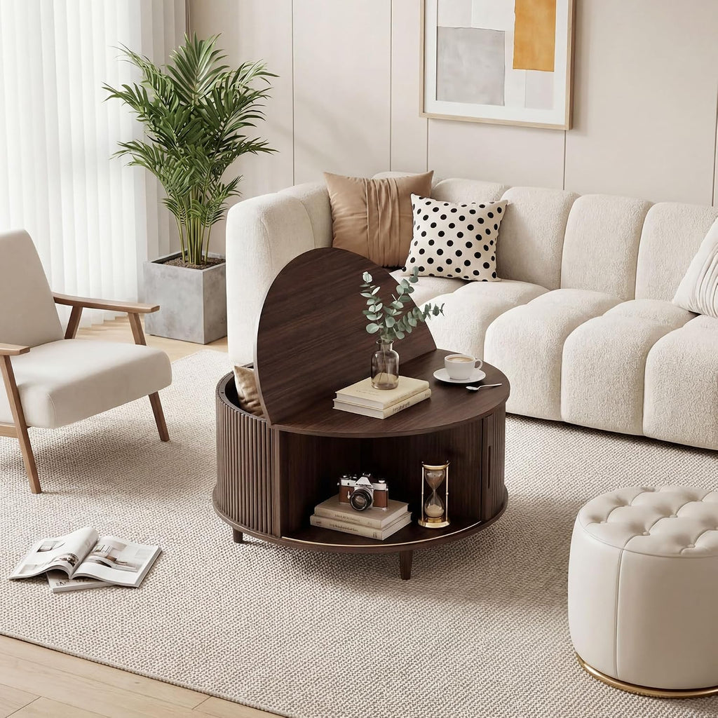 Round Coffee Table with Storage, 31.5" Center Table for Living Room, Mid Century Modern Coffee Tables for Living Room, Compact Small Coffee Table with Hidden Storage, Adjustable Feet, Walnut