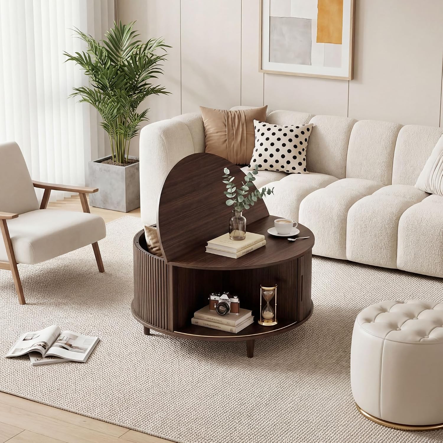Round Coffee Table with Storage, 31.5" Center Table for Living Room, Mid Century Modern Coffee Tables for Living Room, Compact Small Coffee Table with Hidden Storage, Adjustable Feet, Walnut