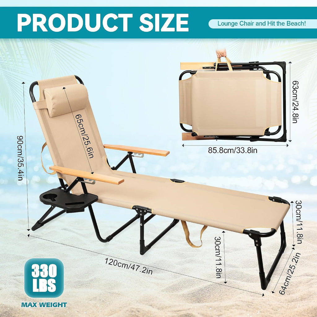 Beach Lounge Chair, Folding Outdoor Chaise Lounge Chair with Arms, 4-Position Backrest, Extended Sun Tanning Chair Pillow & Cup Holder, Patio Lounger for Outside for Beach Pool Patio Yard (Beige)