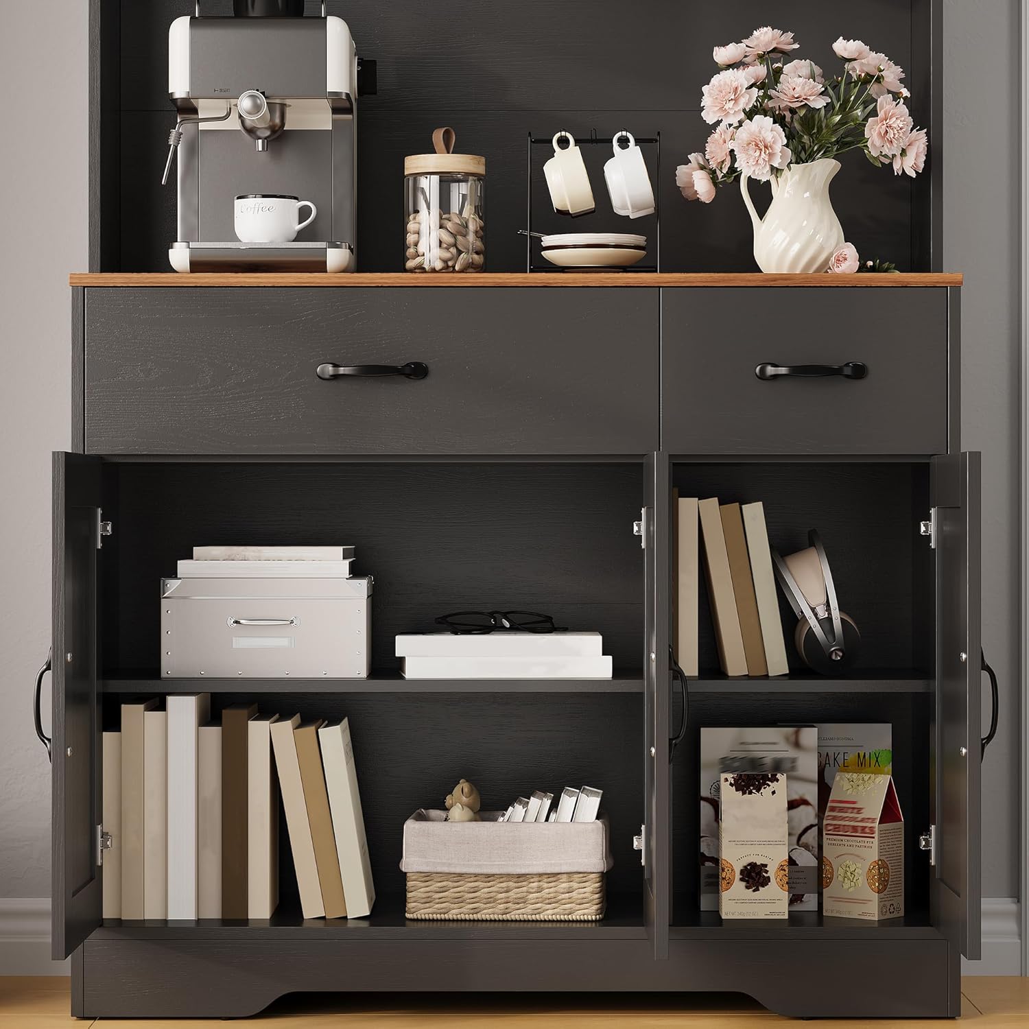 Pantry Cabinet with Charging Station,71'' Kitchen Pantry Cabinet with Microwave Shelf,Farmhouse Kitchen Hutch with Drawers,Door Shelves,Adjustable Shelves,for Dining Room,Living Room,Black