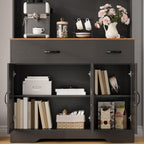 71" Pantry Cabinet with Charging Station, Kitchen Hutch Storage Cabinet with Countertop & Drawer, Farmhouse Food Pantry with Microwave Stand & Adjustable Shelves for Living Room, Dining Room, Black