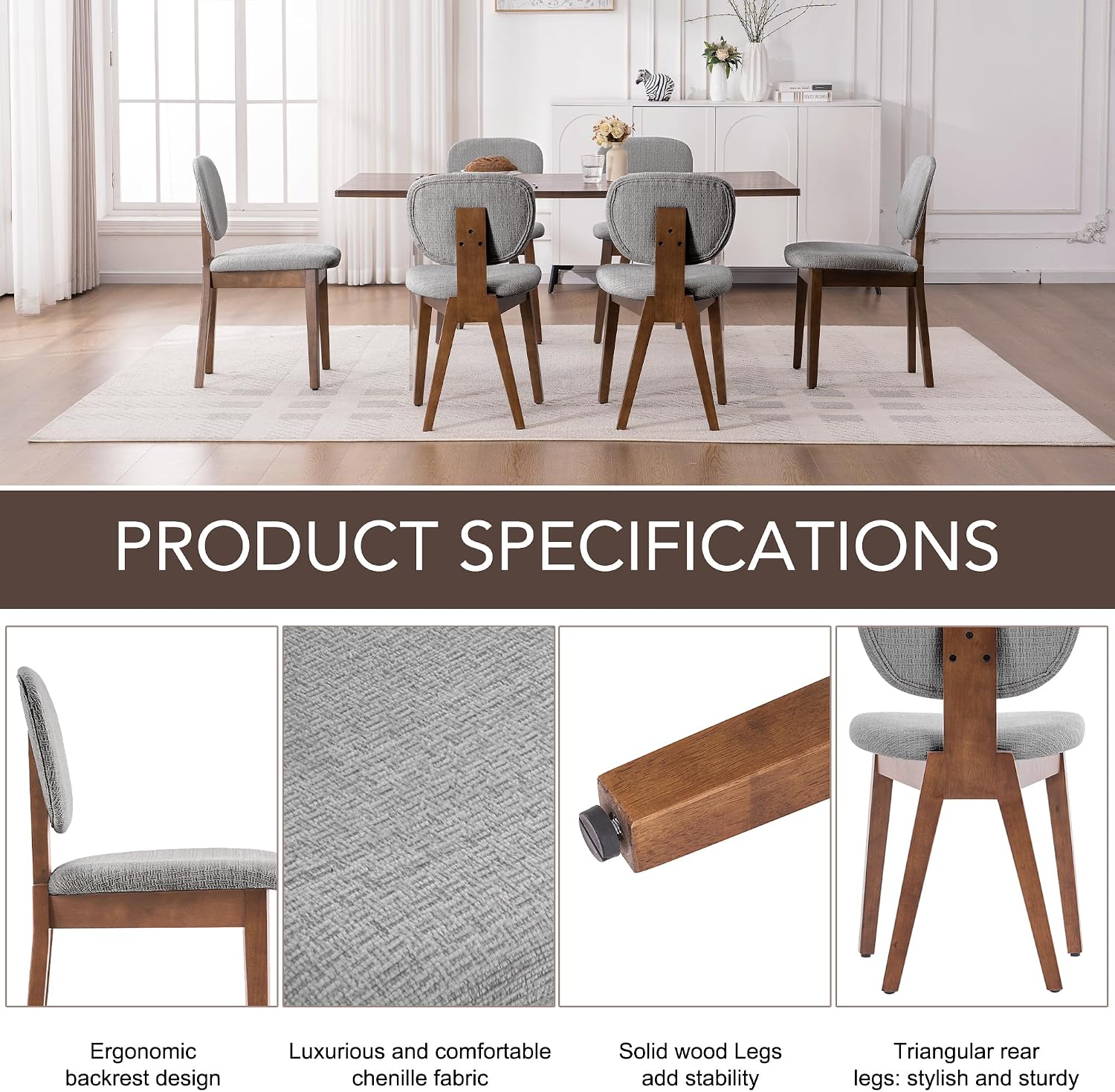 VKNOW Wooden Dining Chairs Set of 2, Mid Century Modern Upholstered Kitchen Side Chairs, Chenille Dining Room Chair with Curved Seat Backrest for Home Dining Room, Grey