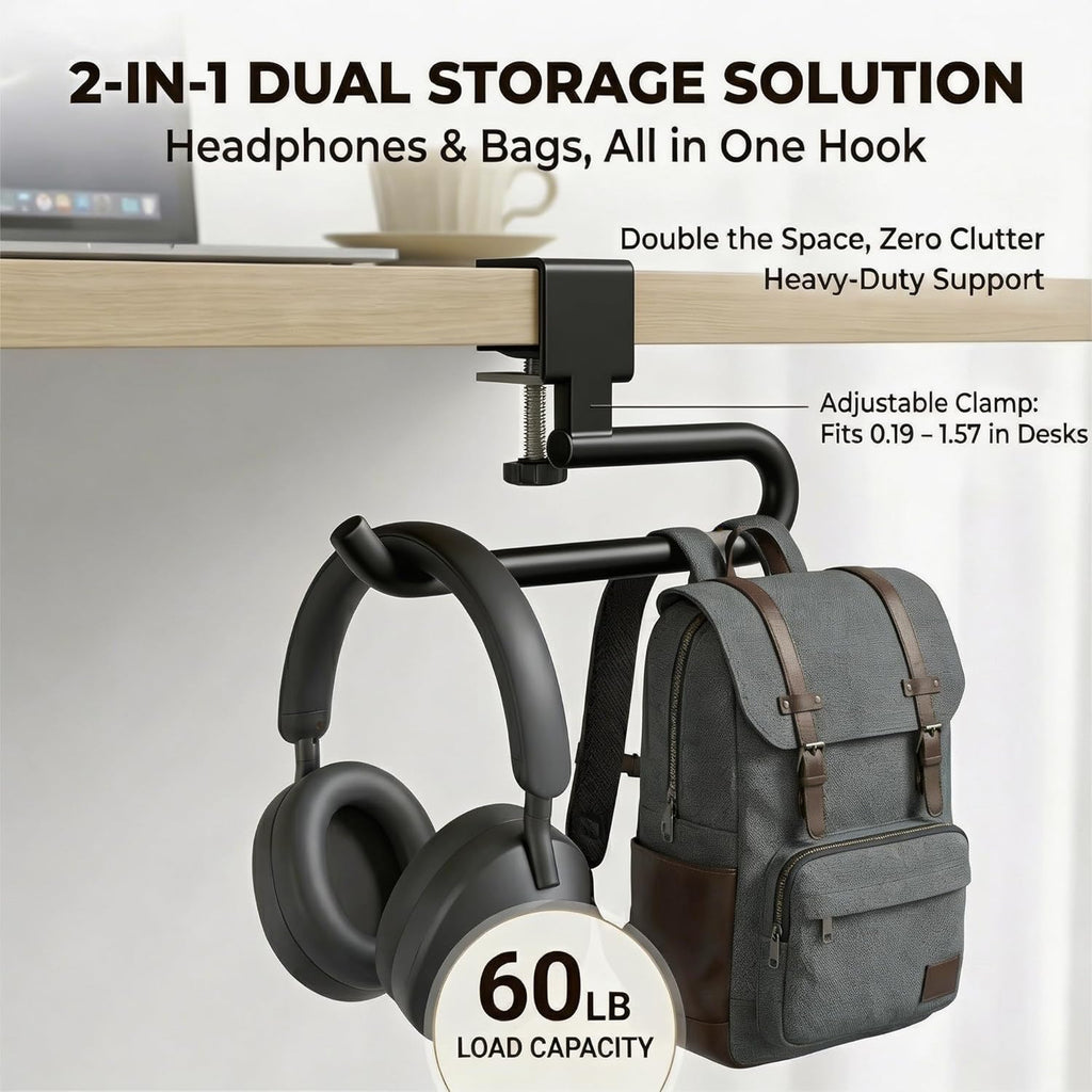 Desk Hook & Bag Hooks for Tables, Anti-Slip 60LB Heavy Duty Clamp-On Backpack Hanger, Extended Clearance Bag Holder for Desk for Office & Gaming, Adjustable (0.19-1.57in) (Black)