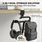Desk Hook & Bag Hooks for Tables, Anti-Slip 60LB Heavy Duty Clamp-On Backpack Hanger, Extended Clearance Bag Holder for Desk for Office & Gaming, Adjustable (0.19-1.57in) (Black)