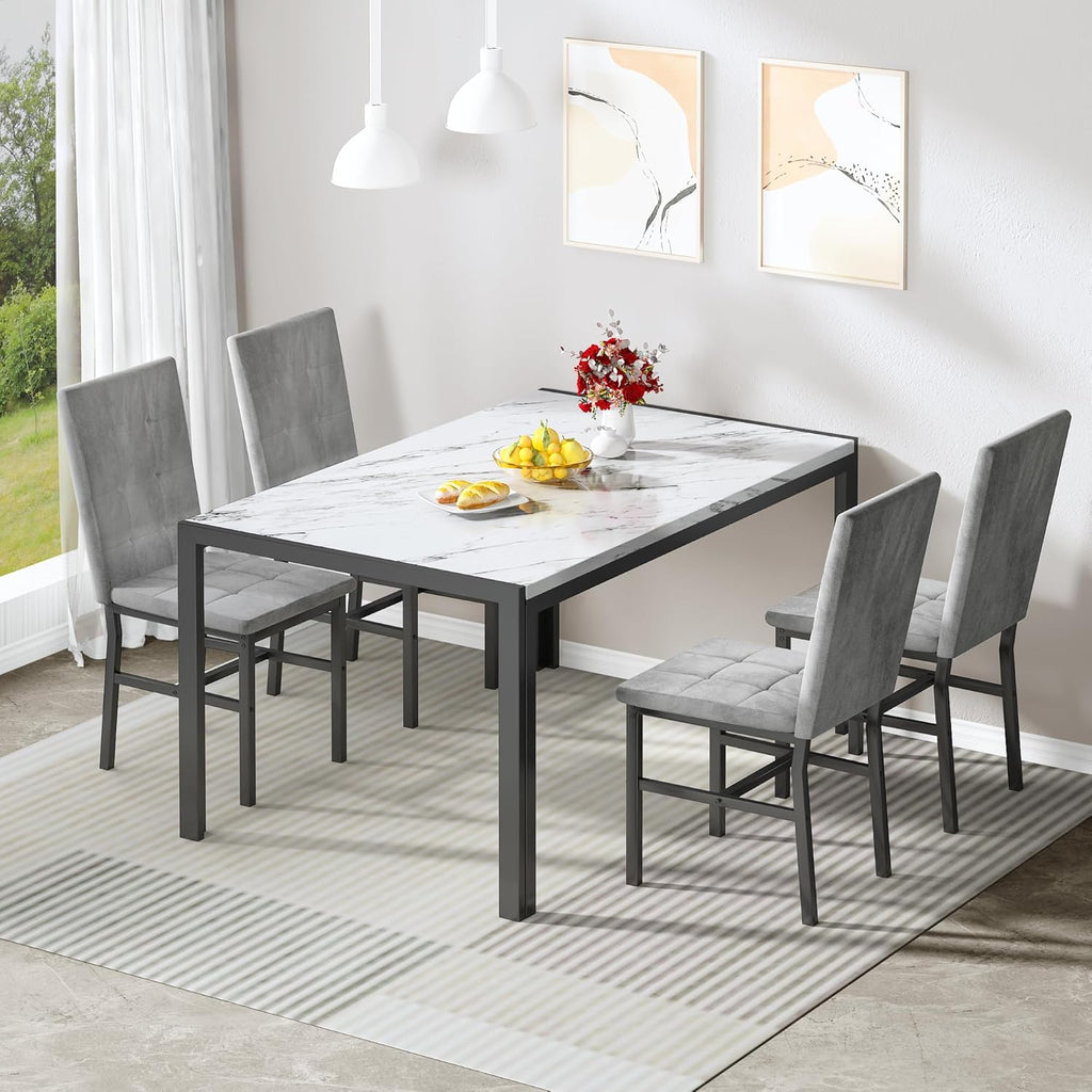 DKLGG 5-Piece Dining Table Set for 4, Faux Marble Kitchen Table Chairs Set of 4 with Upholstered Chairs, Modern Dining Room Table Set for Small Spaces (White+Tufted Grey)