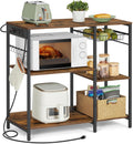 VASAGLE Baker's Rack, Coffee Bar Stand with Charging Station, 35.6 Inches Tall, Storage Shelves, Pull-Out Wire Basket, Table for Microwave, Kitchen, Rustic Brown and Ink Black UKKS036K01