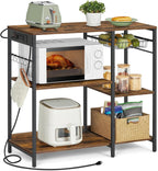 VASAGLE Baker's Rack, Coffee Bar Stand with Charging Station, 35.6 Inches Tall, Storage Shelves, Pull-Out Wire Basket, Table for Microwave, Kitchen, Rustic Brown and Ink Black UKKS036K01