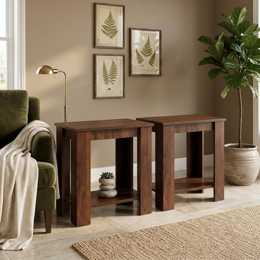 HOME DESIGN Telluride End Table Set of 2, Modern Wood Accent Tables with Lower Shelf, Living Room/Bedroom Side Tables — Available in Walnut or Black Finish