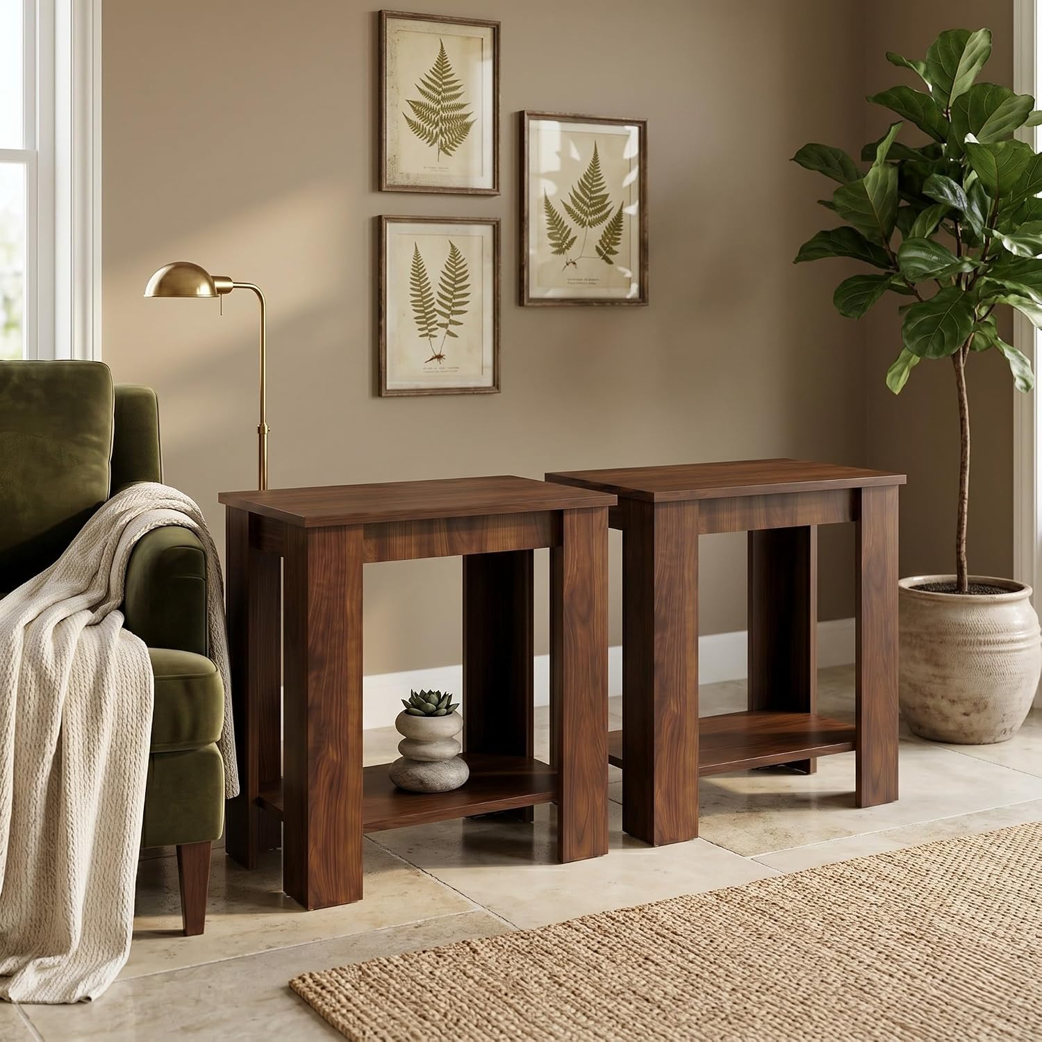 HOME DESIGN Telluride End Table Set of 2, Modern Wood Accent Tables with Lower Shelf, Living Room/Bedroom Side Tables — Available in Walnut or Black Finish