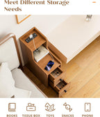 Set of 2 Narrow End Table with Charging Station, Wooden Slim Side Table with Storage, Mid Century Modern Nightstand with Drawers for Living Room, Walnut