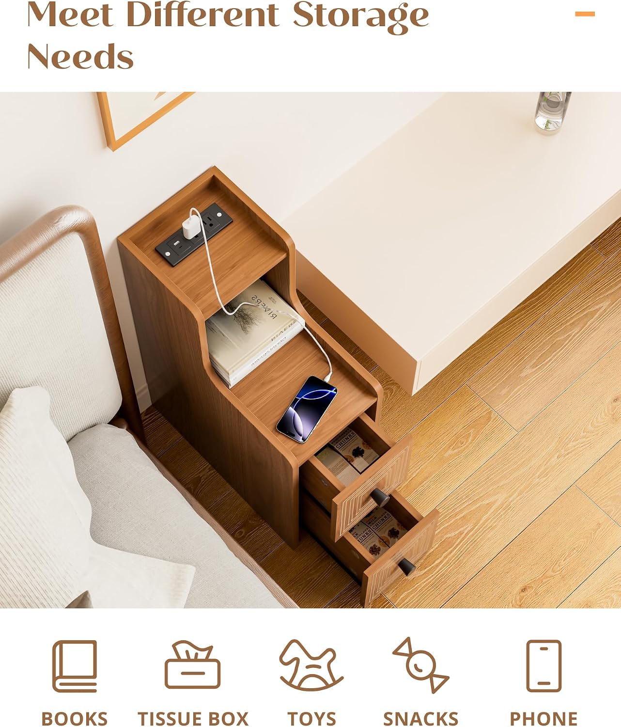 Set of 2 Narrow End Table with Charging Station, Wooden Slim Side Table with Storage, Mid Century Modern Nightstand with Drawers for Living Room, Walnut