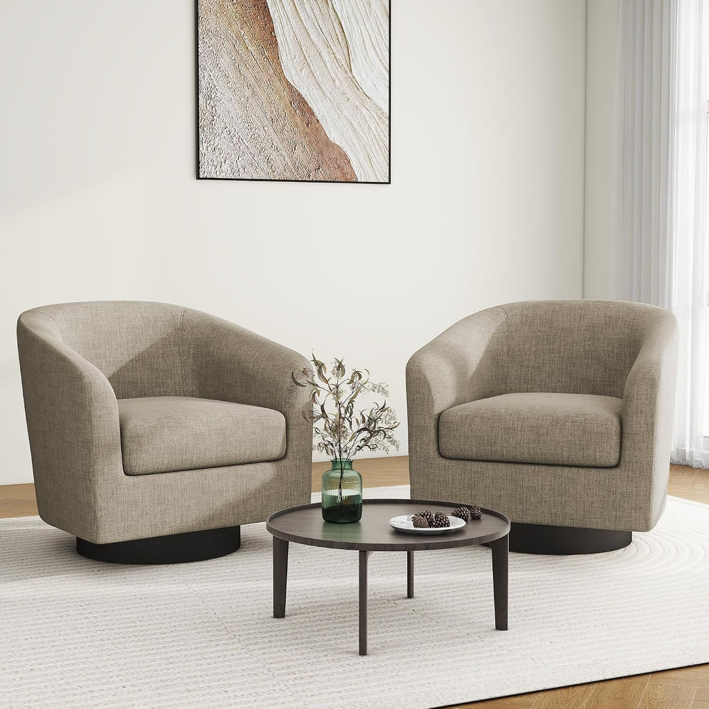 Swivel Barrel Accent Chair, Comfy Reading Armchair, Light Brown, Set of 2 | Club Chairs for Adults, Low-Back Design, Modern Round Style, Solid Wood Frame & Metal Swivel Base, For Living Room & Bedroom