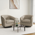 Swivel Barrel Accent Chair, Comfy Reading Armchair, Light Brown, Set of 2 | Club Chairs for Adults, Low-Back Design, Modern Round Style, Solid Wood Frame & Metal Swivel Base, For Living Room & Bedroom