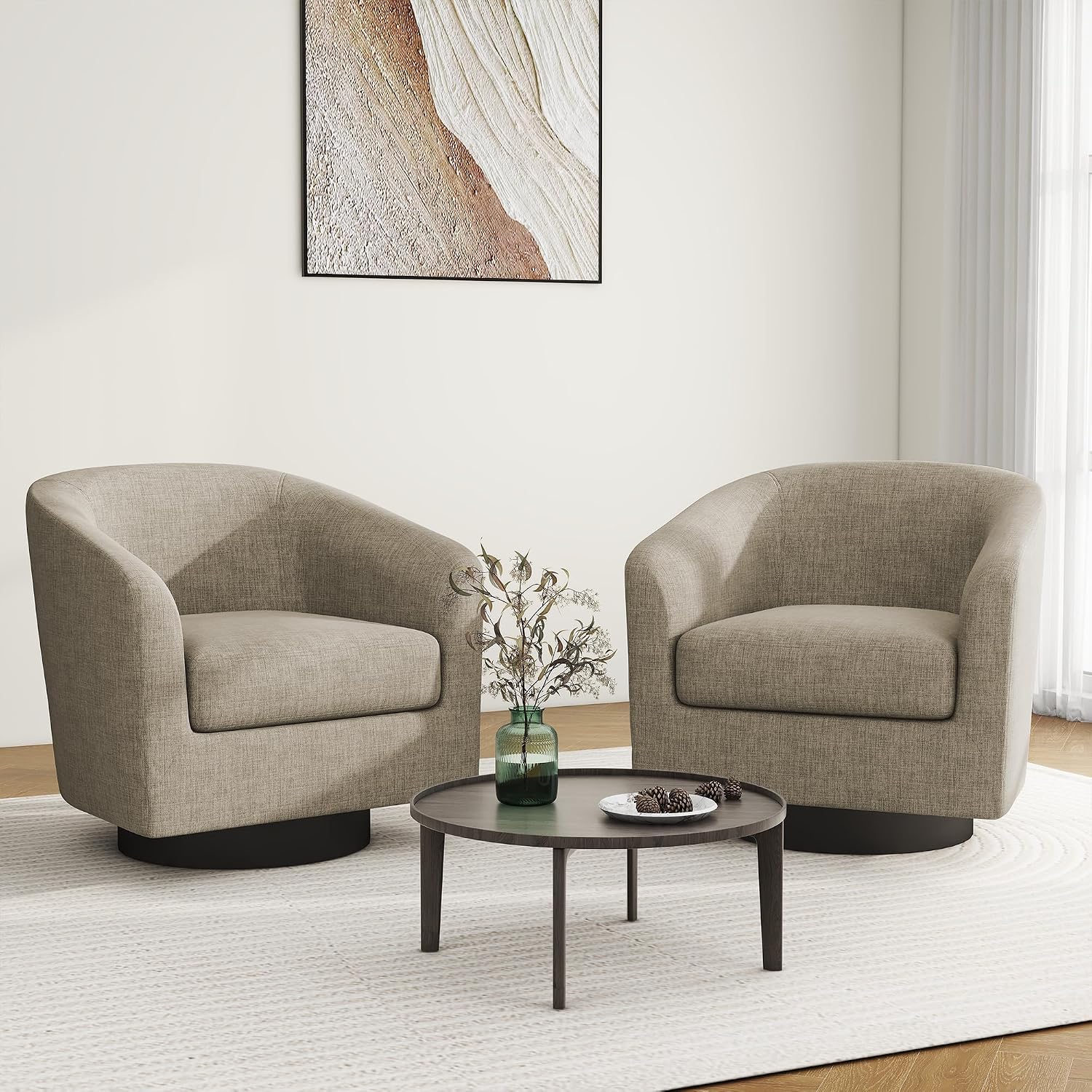 Swivel Barrel Accent Chair, Comfy Reading Armchair, Light Brown, Set of 2 | Club Chairs for Adults, Low-Back Design, Modern Round Style, Solid Wood Frame & Metal Swivel Base, For Living Room & Bedroom