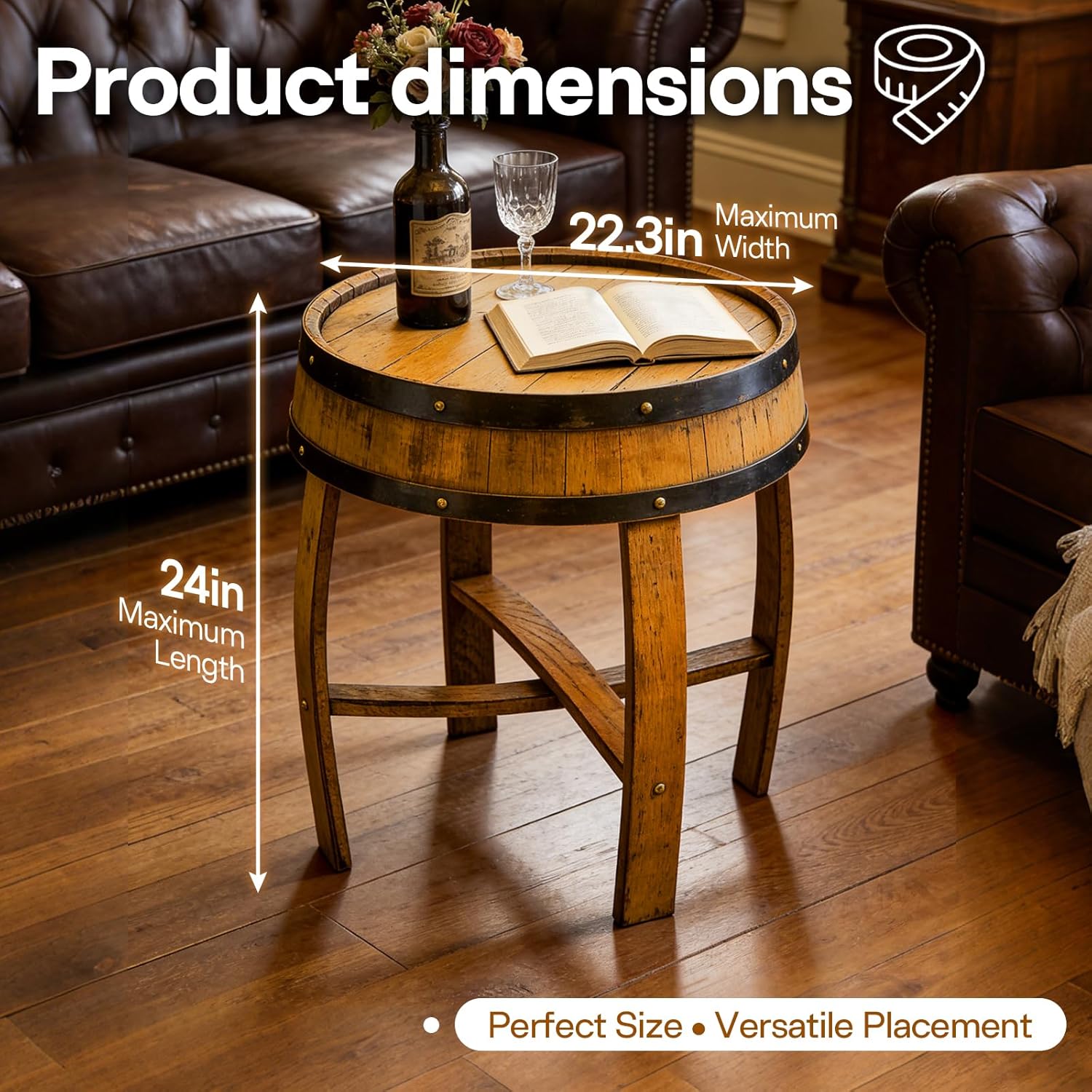 2026 New Rustic Whiskey Barrel Table - 22.2"x24" Solid Oak Round Coffee End | Handcrafted Wine Barrel & Whiskey Side Table for Living Room Bar