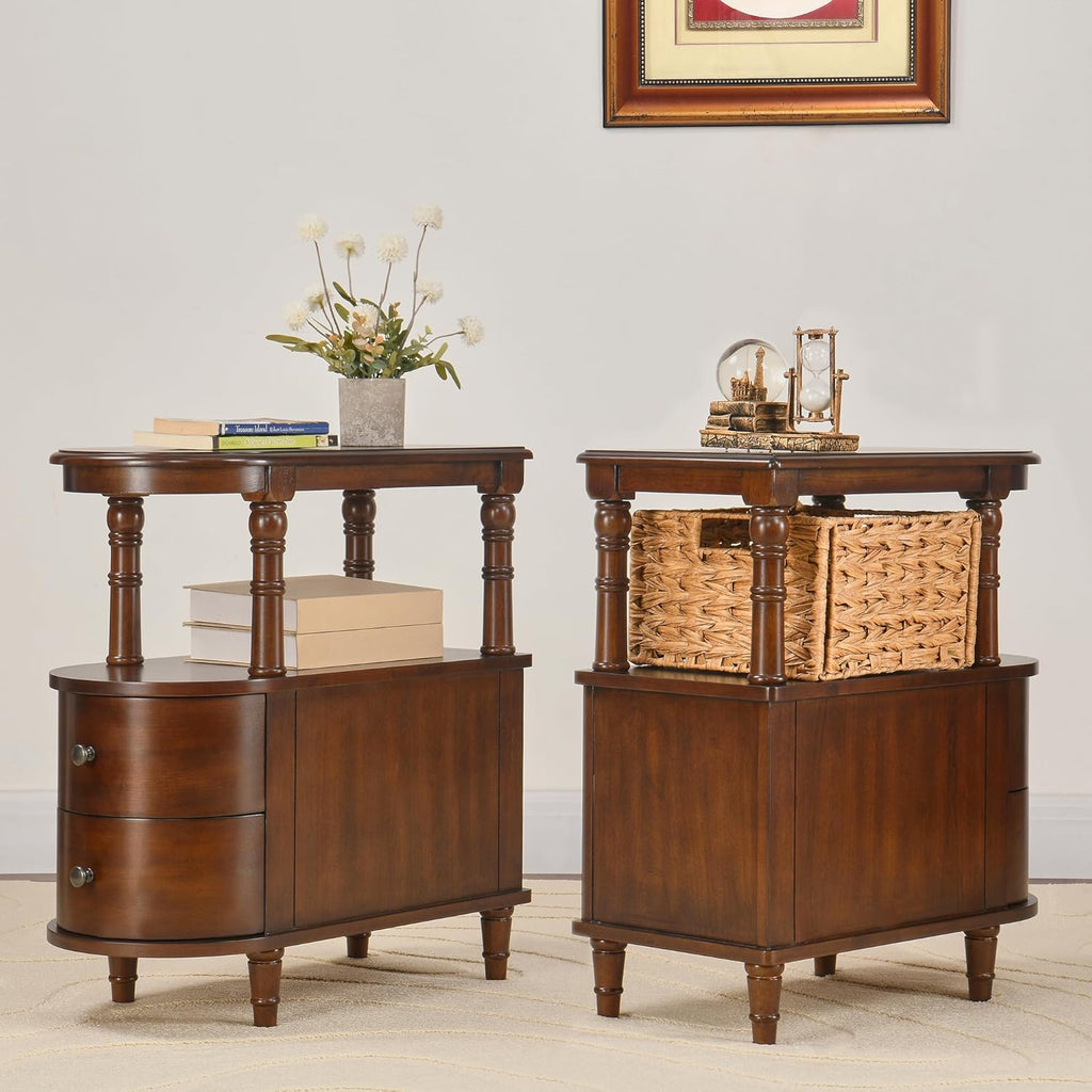 Narrow End Table Set of 2 with 2 Storage Drawers, Vintage Sofa Beside Table, Wood Slim SideTable for Living Room,Saving-space, 23.4“L x 11.4"W x 25.3"H, No-Tools Assembly, Cherry Walnut BG-A508-CY