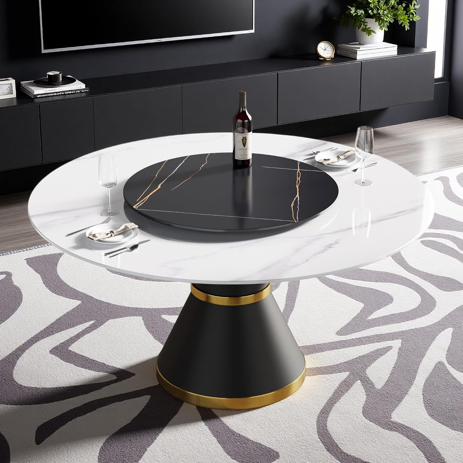 Montary 59” Modern Round Dining Table for 8, Artificial Marble Kitchen Table with Carrara White Sintered Stone Tabletop & Black Gold Lazy Susan, Black Slim Waist Carbon Steel Base