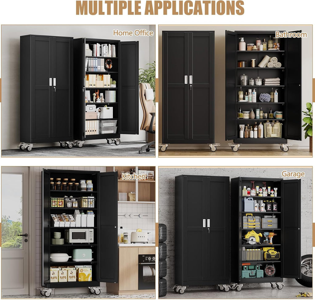75" H Metal Pantry Storage Cabinet with Wheels,Rolling Kitchen Pantry Cabinet with 2 Doors and 5 Adjustable Shelves, Locker Steel Cabinet,Organization Cabinet for Garage,Home,Gym,School,Black
