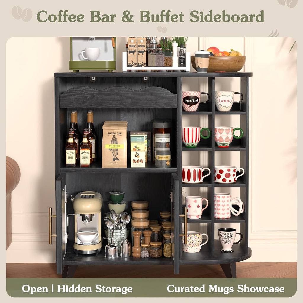 VINAEMO Coffee Bar Cabinet with 24-Cup Display, Large Drawer & Storage,Modern Buffet Sideboard for Kitchen, Medium Wooden Bar Station for Apartment，Black