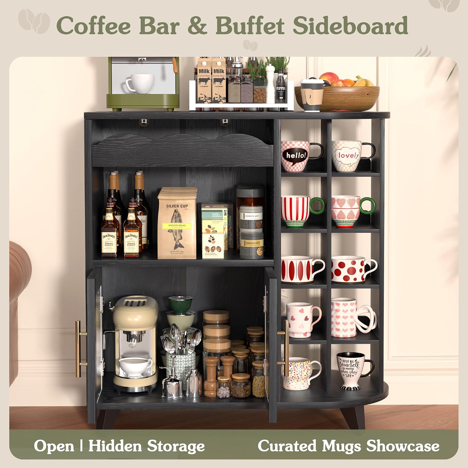 VINAEMO Coffee Bar Cabinet with 24-Cup Display, Large Drawer & Storage,Modern Buffet Sideboard for Kitchen, Medium Wooden Bar Station for Apartment，Black