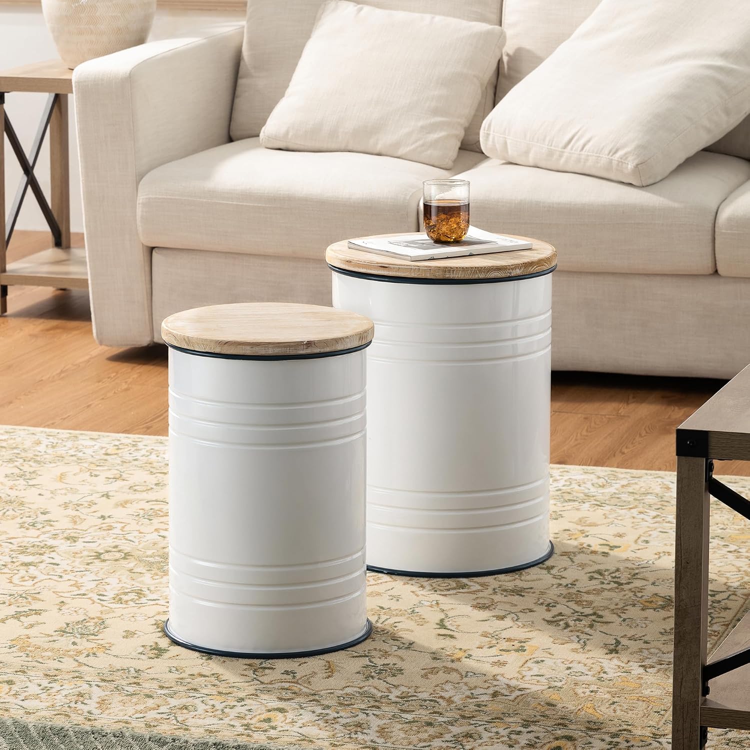 Glitzhome Nesting Tables for Living Room, Round Coffee Tables Set of 2, Metal Farmhouse Small Accent End Table with Storage and Lid for Bedroom Office Plant Stander, White