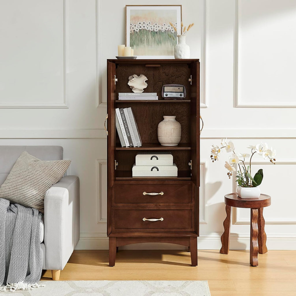 53.5" Tall Kitchen Pantry Cabinet, Mid Century Modern Storage Cabinet with Doors & Drawers, Walnut Sideboard Buffet with Adjustable Shelves for Kitchen, Living Room, Entryway