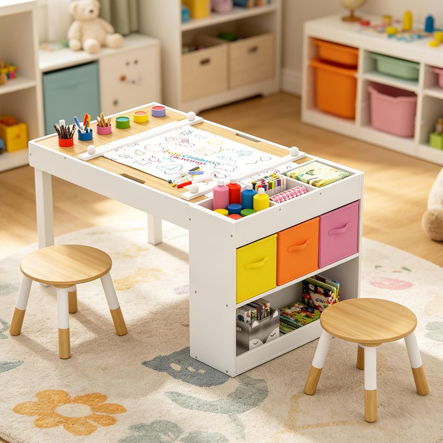 Kids Art Table and Chairs Set with Storage, Wooden Craft Desk with 2 Stools, Child Drawing Table with Open Shelves, Paint Cups, Paper Roll, Bins, Toddler Play Table, 39" L x23 W