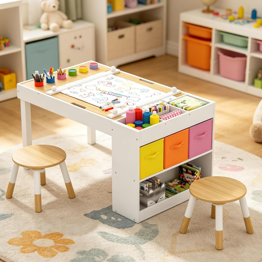 Kids Art Table and Chairs Set with Storage, Wooden Craft Desk with 2 Stools, Child Drawing Table with Open Shelves, Paint Cups, Paper Roll, Bins, Toddler Play Table, 39" L x23 W