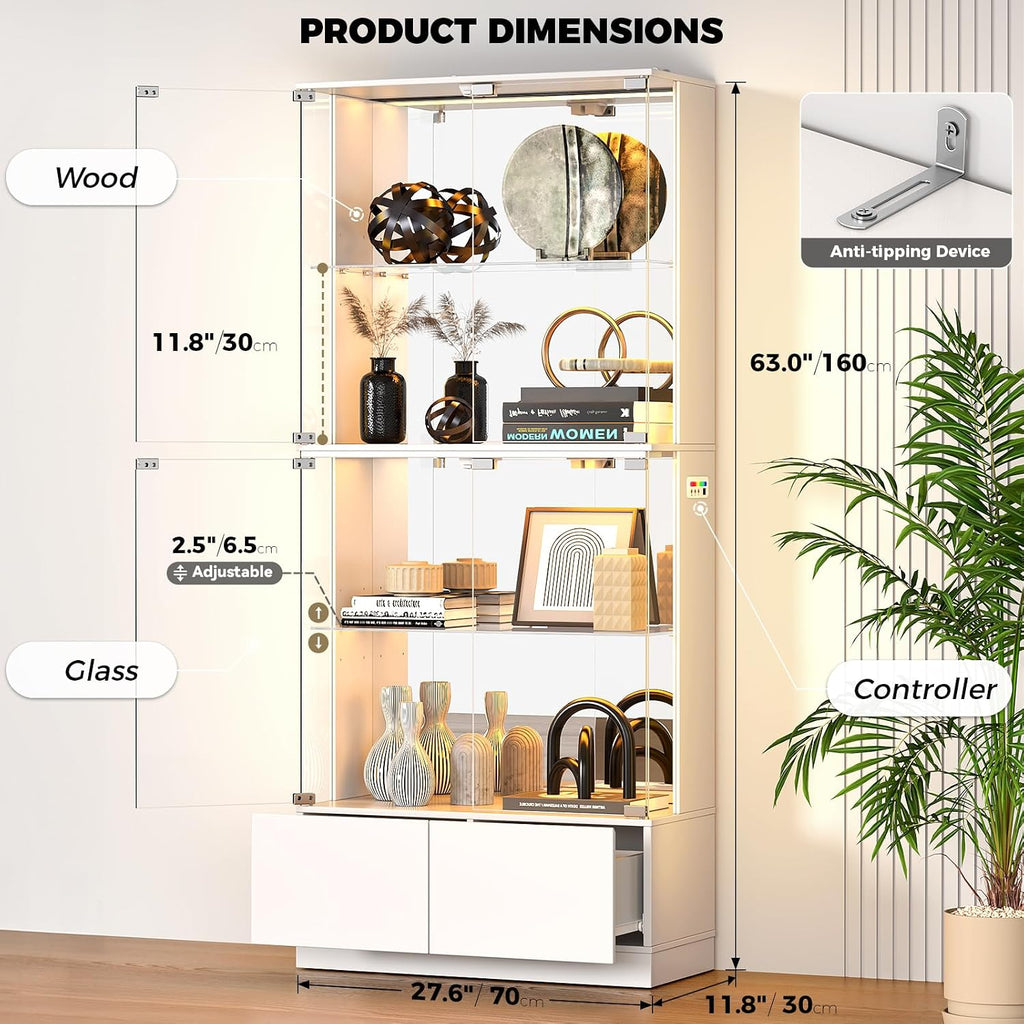 VersionTECH. Display Cabinet with Glass Doors, 4-Tier Curio Cabinet with RGB Lights for Collectibles, Display Case with 2 Drawers, Adjustable Glass Shelves, Human Body Sensor, Mirror Backing, White
