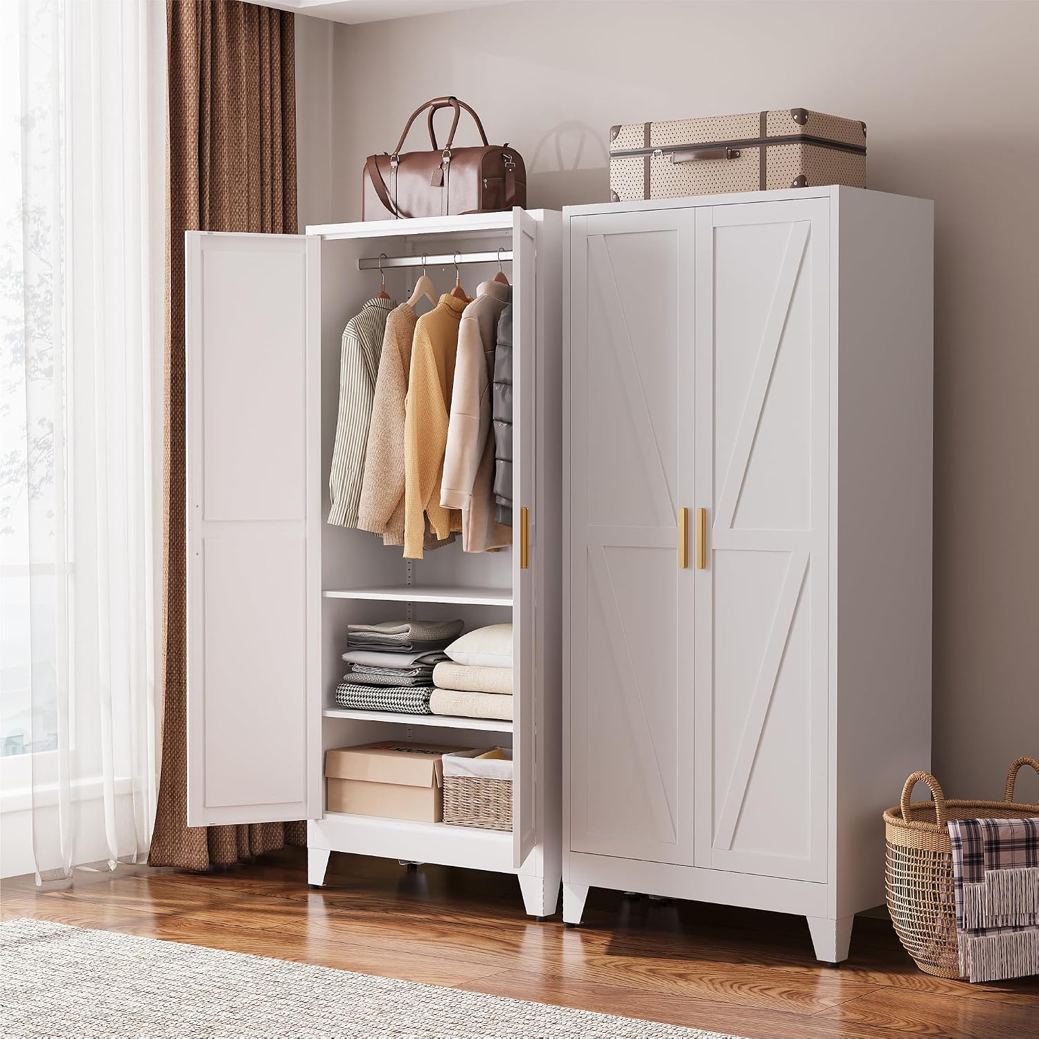 COFaR 71" Metal Wardrobe Closet with Adjustable Hanging Rod & 2 Shelves, Freestanding 2-in-1 Armoire Cabinet with Large Top/Bottom Storage, White Steel Closet Organizer