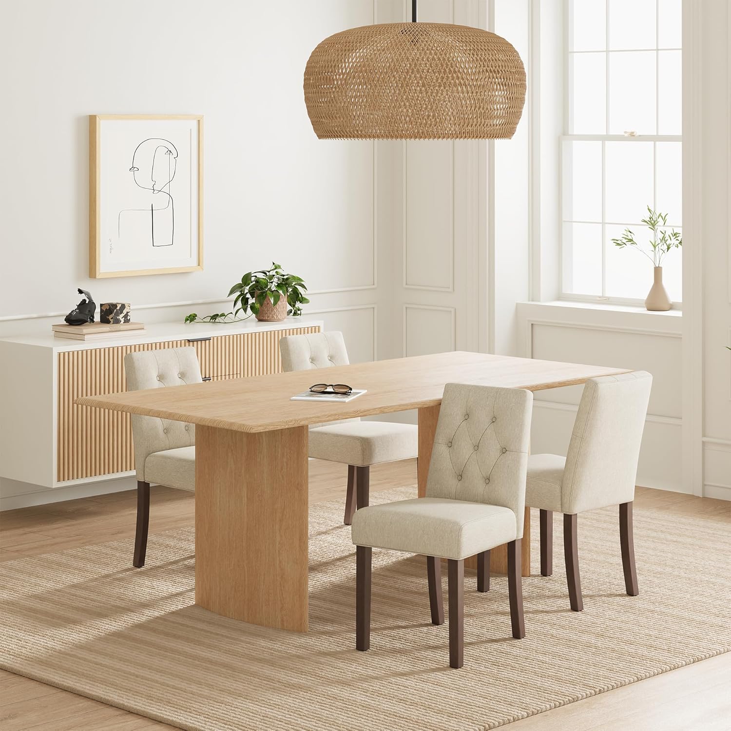 Upholstered Dining Chairs Set of 4 - Modern Parsons Kitchen & Dining Room Chair with Diamond Tufted Back, Solid Wooden Legs for Apartment, Café, Vanity