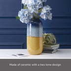 Elements Blue and Tan Ceramic Vase - 5.5x12 Inch Tall Two-Tone Coastal Decorative Vase for Home Decor, Flowers, Faux Plants, and Tabletop Display