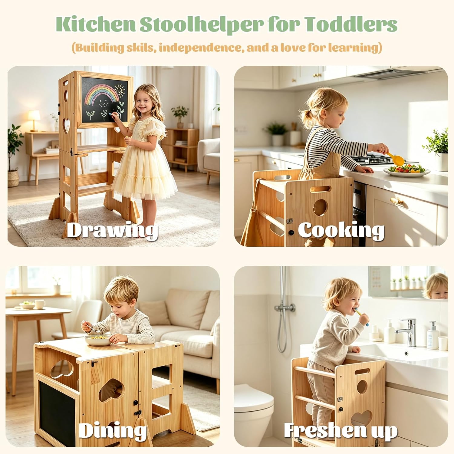Heifriday Toddler Kitchen Step Stool for Kids 4-in-1 Hardwood Foldable Learning Standing Tower with Blackboard and Anti-tip Pad,Wooden Kitchen Stool Helper for 1-3 Year Old Boy Girl Gifts
