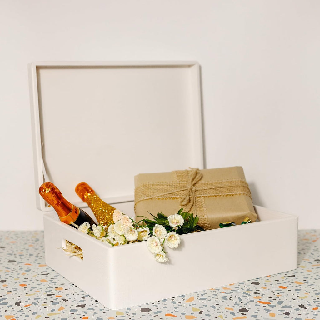 Creative Deco XL White Wooden Box Storage with Hinged Lid | 15.8x11.8x5.5in (+-0.5) | Keepsake with Handles | Gift Box for Tool Dog Toy Kitchen Storage | Wood Chest Trunk