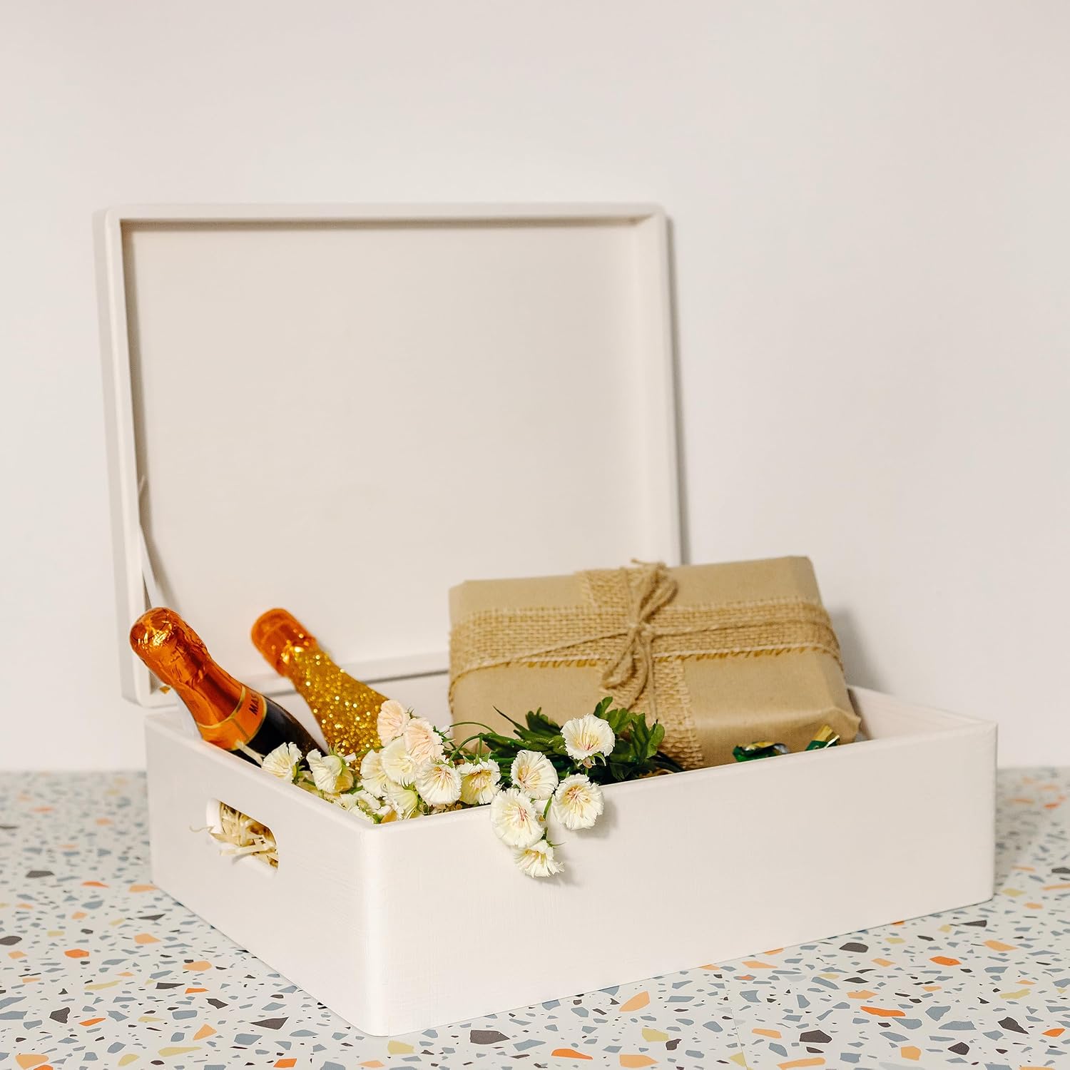 Creative Deco XL White Wooden Box Storage with Hinged Lid | 15.8x11.8x5.5in (+-0.5) | Keepsake with Handles | Gift Box for Tool Dog Toy Kitchen Storage | Wood Chest Trunk