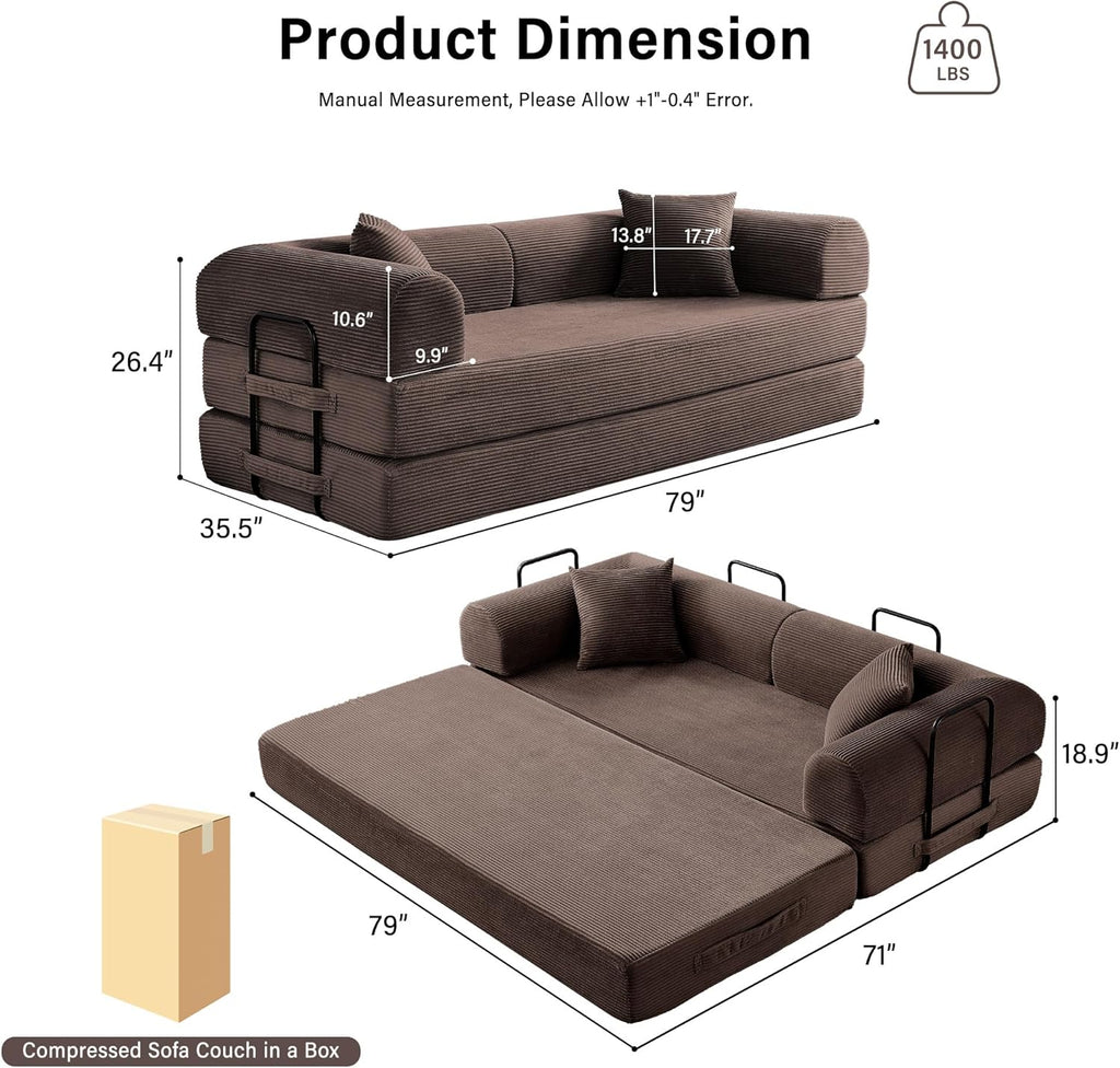 79" Convertible Sofa Bed, 5-in-1 Corduroy Boneless Couch Bed Sofa Pull Out, Memory Foam Couch, No Assembly Futon Couches for Living Room (Brown)