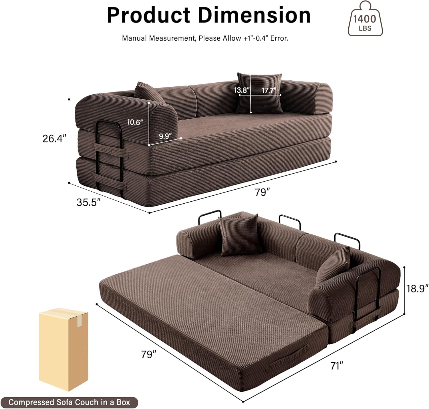 79" Convertible Sofa Bed, 5-in-1 Corduroy Boneless Couch Bed Sofa Pull Out, Memory Foam Couch, No Assembly Futon Couches for Living Room (Brown)