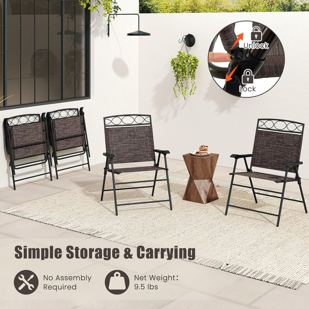 Giantex Set of 4 Patio Folding Chairs, Outdoor Dining Chairs for Camping, Beach, Backyard, Deck, Portable Dining Chair w/Armrest and Metal Frame, 4-Pack (Dark Brown)