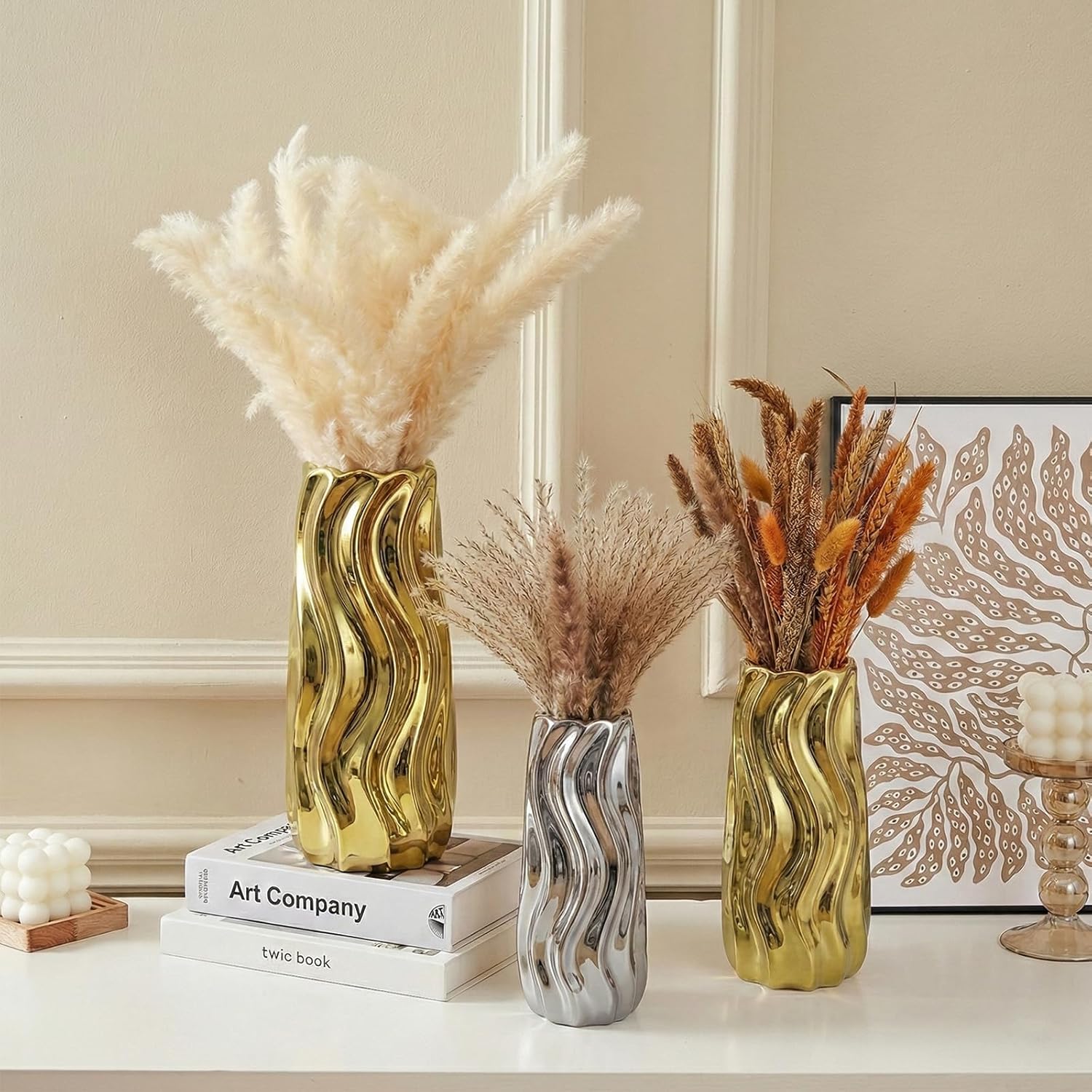 11.5" Gold Ceramic Vase - Minimalist Gold Flower Vase, Large Pampas Grass Vase, Boho Decorative Centerpiece Vase for Home Decor, Wedding, Housewarming, Table, Shelf, Mantel, and Entryway