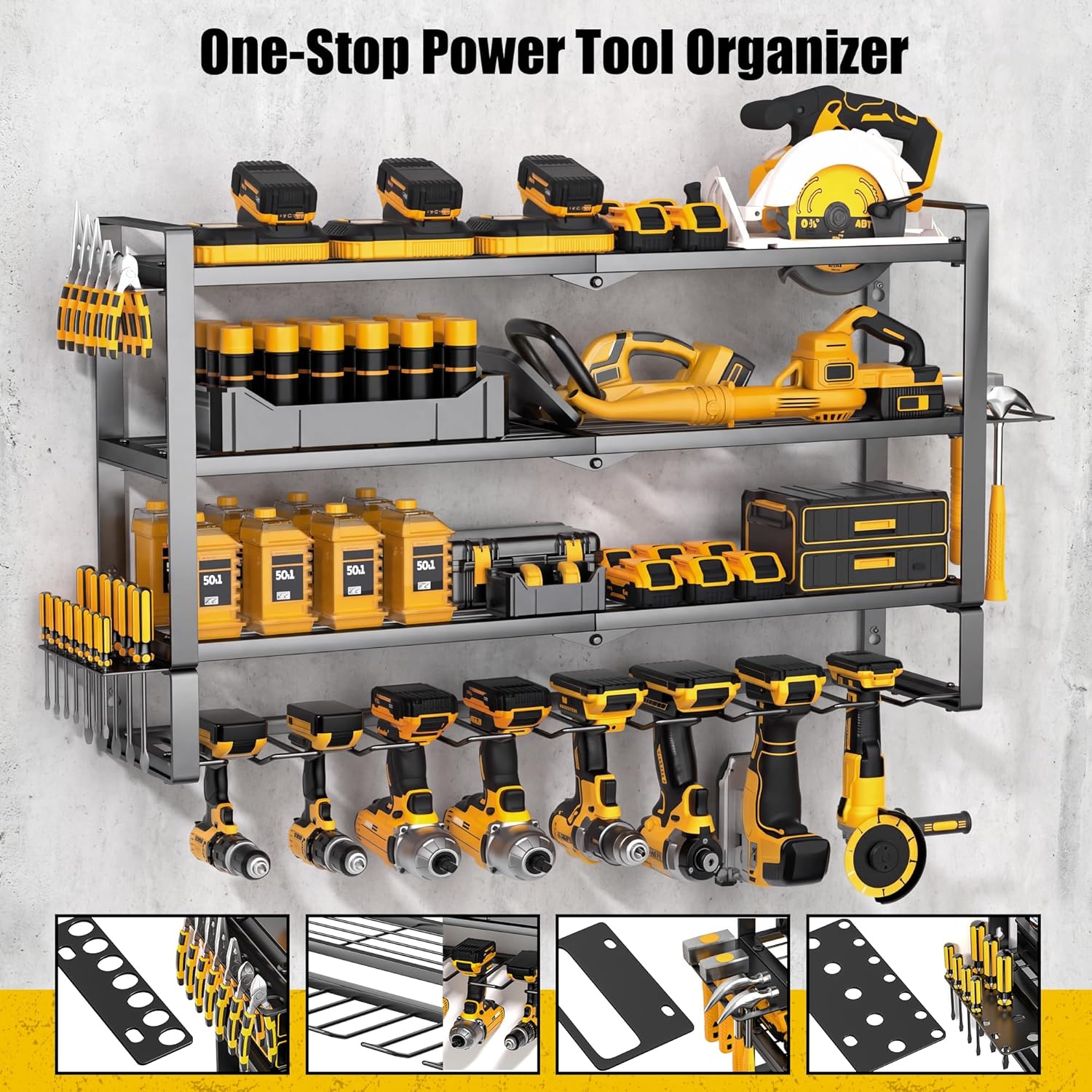 MOOMSINE Large Power Tool Organizer Wall Mount, 4-Tier Heavy Duty Metal Storage Rack Loads 400lbs, Battery Tools Hanger with 8 Cordless Drill Holder for Garage, Workshop, Pegboard, Shed