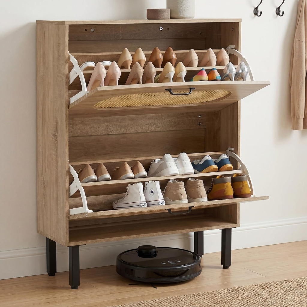 SUNCROWN 2 Flip Drawers Shoe Storage Cabinet, Freestanding Narrow Entryway Organizer, Natural Semi-Circular Rattan Doors, Adjustable Shelves & Anti-Tip Kit, Brown