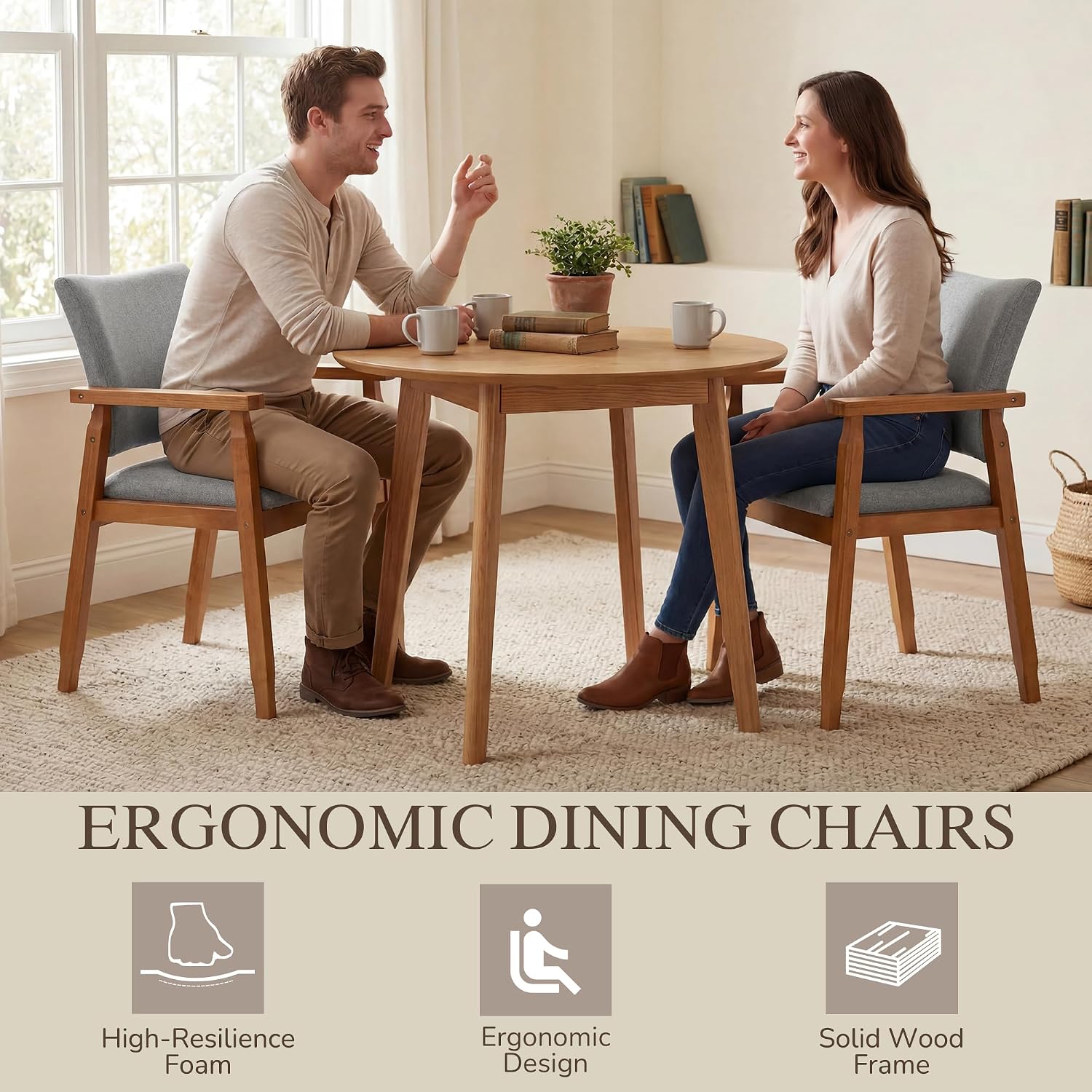 GOTMINSI Mid-Century Modern Linen Dining Chair with Arms, Solid Wood Frame, 320 lbs Weight Capacity, Upholstered Accent Chair for Kitchen Dining Room Living Room (Grey,1pc)