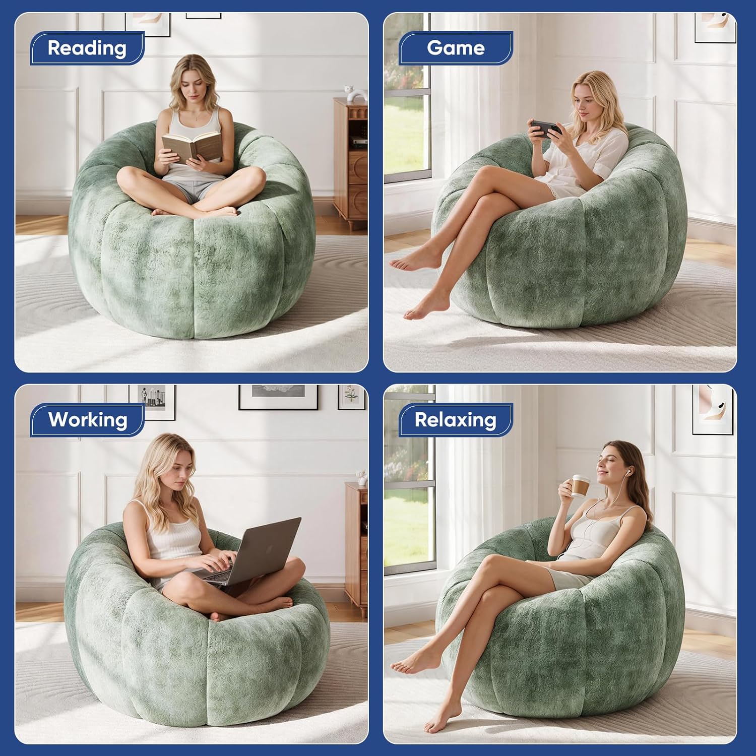 WHGBJA Pumpkin Bean Bag Chair for Adults/Teens with Filler Memory Foam, 5FT Comfy Big Bean Bag Sofa for Gaming, Reading, Relaxing in Living Room, Bedroom (Green)