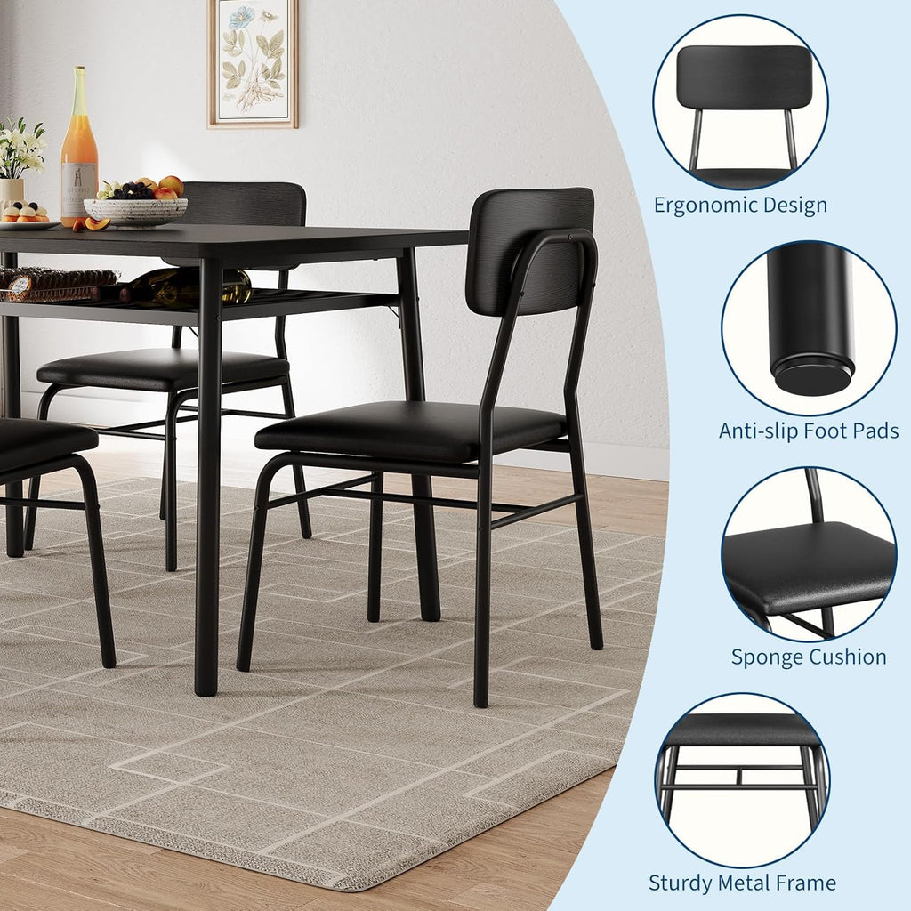 GarveeHome Dining Table Set for 4 with Storage Rack, 5-Piece Kitchen Table and Upholstered Chairs of 4, Wood Tabletop & Heavy-Duty Metel Frame, Dining Room Set for Small Space, Apartment, Black