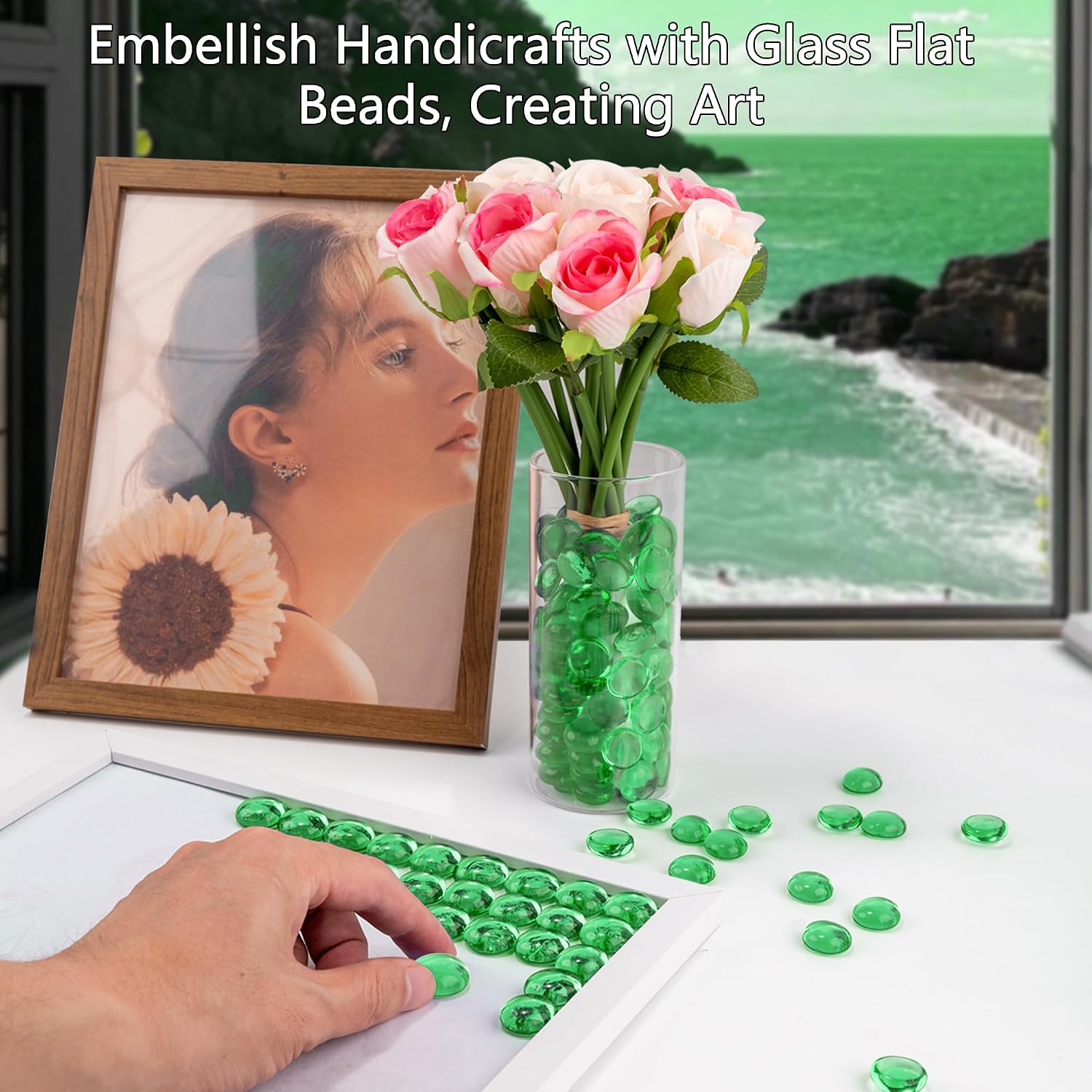 Green Glass Marbles, 0.97 LB Transparent and Smooth Flat Glass Beads for Vases, Mosaic Gem Pebbles for Aquarium Decor, Floral Arrangements, Mancala Stones, Vase Filler and Crafts (Approx. 80-100 PCS)