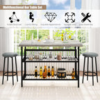Lamerge 3 Piece Bar Table and Chairs Set, Industrial Bar Table Set with Storage Shelves,Marble Counter Height Island with 2 Bar Stools,Modern Pub Island for Kitchen,Grey