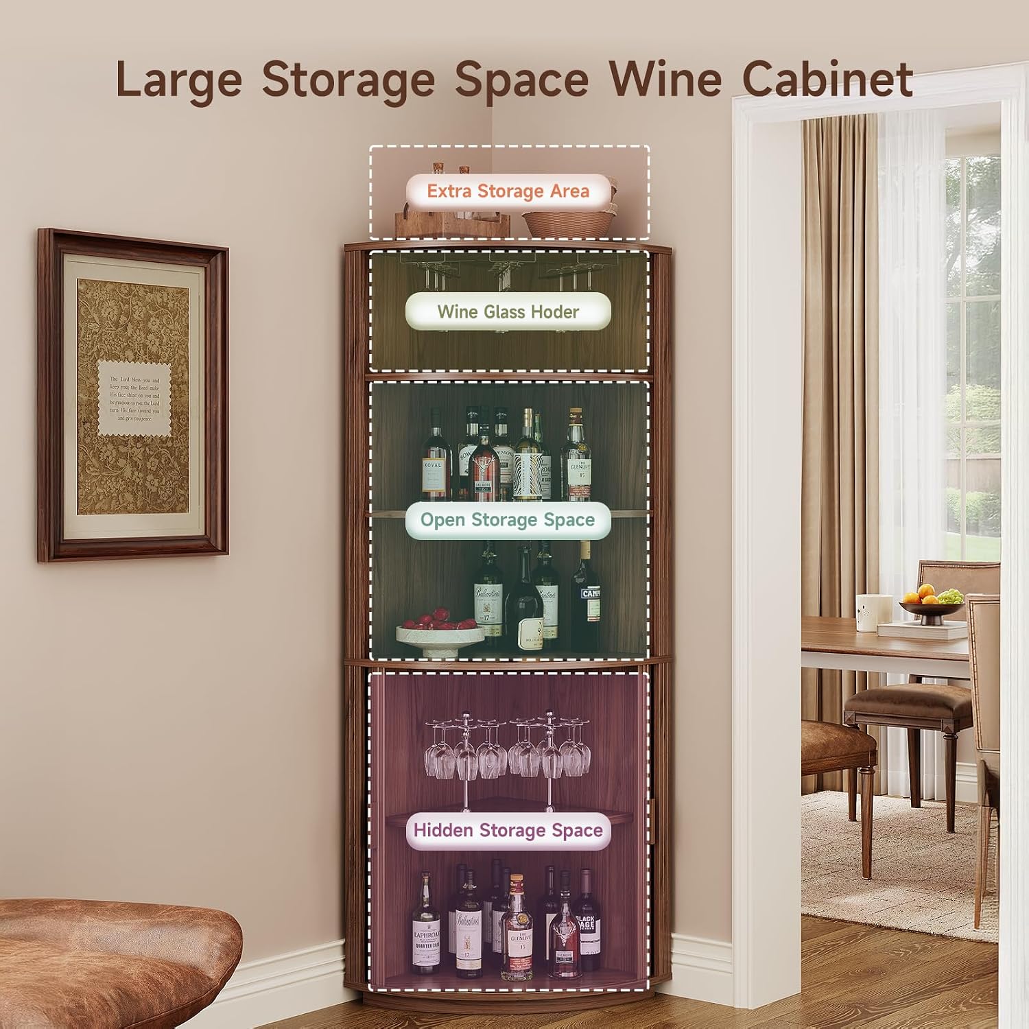 72" Tall Corner Bar Cabinet with LED Lights, Fluted Wine Bar Cabinet with Storage, Mid-century Modern Liquor Cabinets with Sliding Door & Wine Glass Holder, for Dining Room, Living Room Walnut